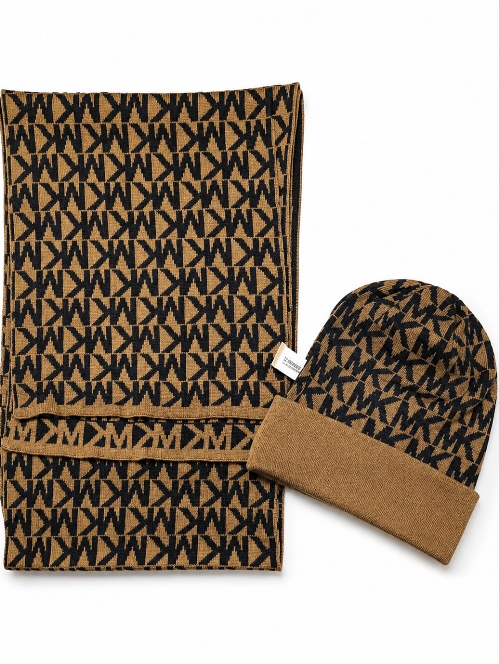MICHAEL Michael Kors Tan and Black Logo Knit Beanie & Scarf Set